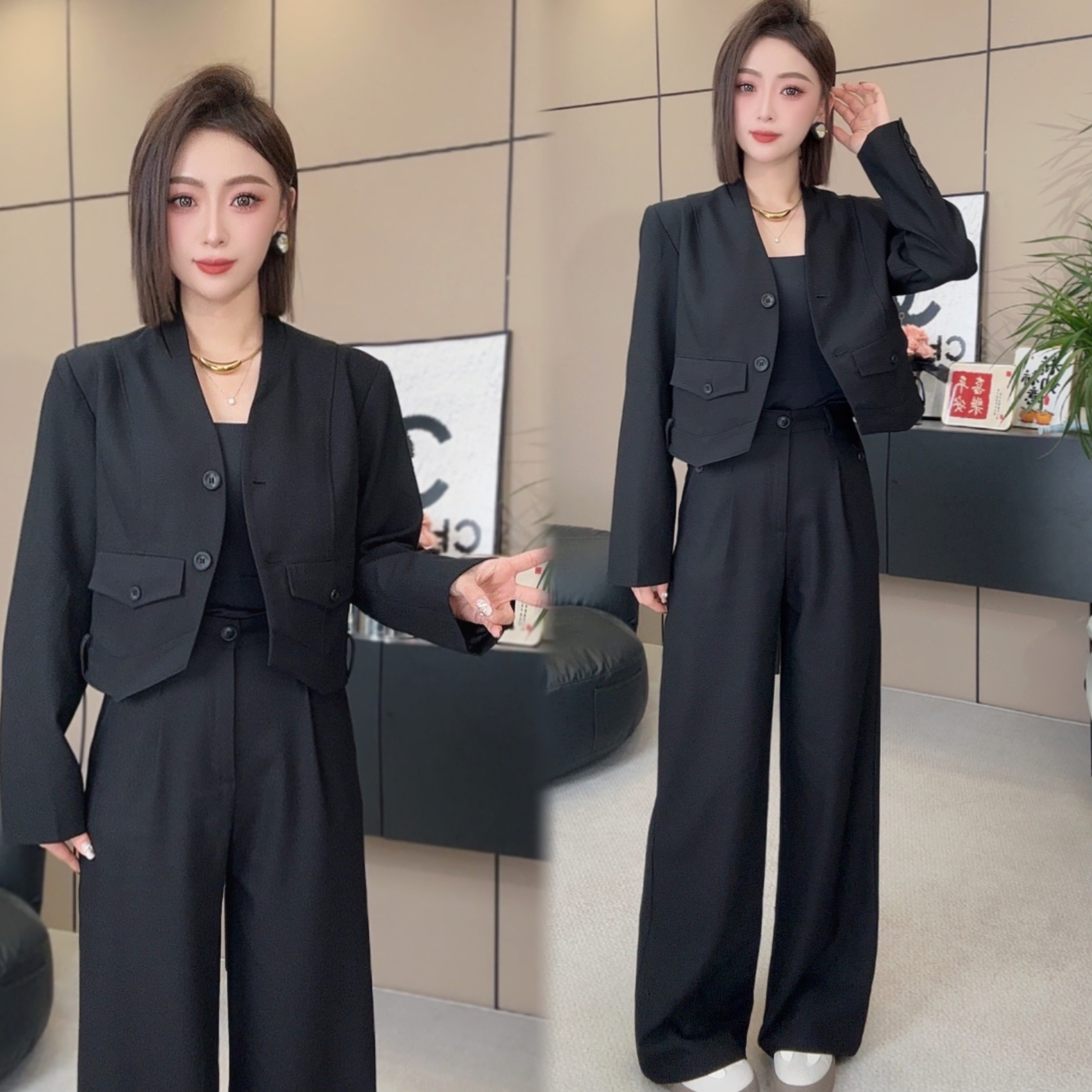 春季新款通勤套装韩版西装气质拼接直筒裤小个子一整套休闲炸街