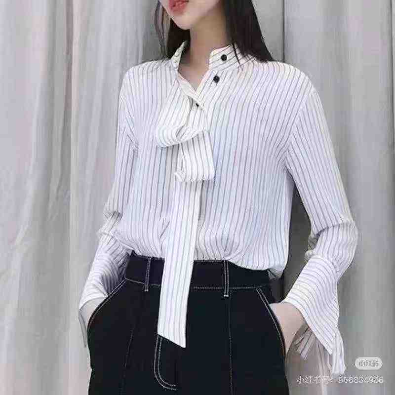 不支持退换/立领气质袖系带秋季百搭条纹衬衫时尚1300483