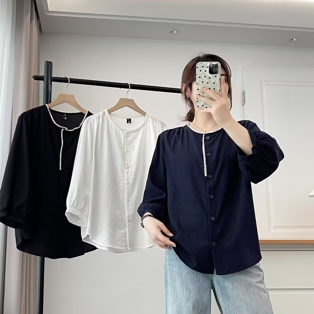 2025秋季新款大码女装法式上衣小衫圆领拼接蕾丝花边长袖衬衫