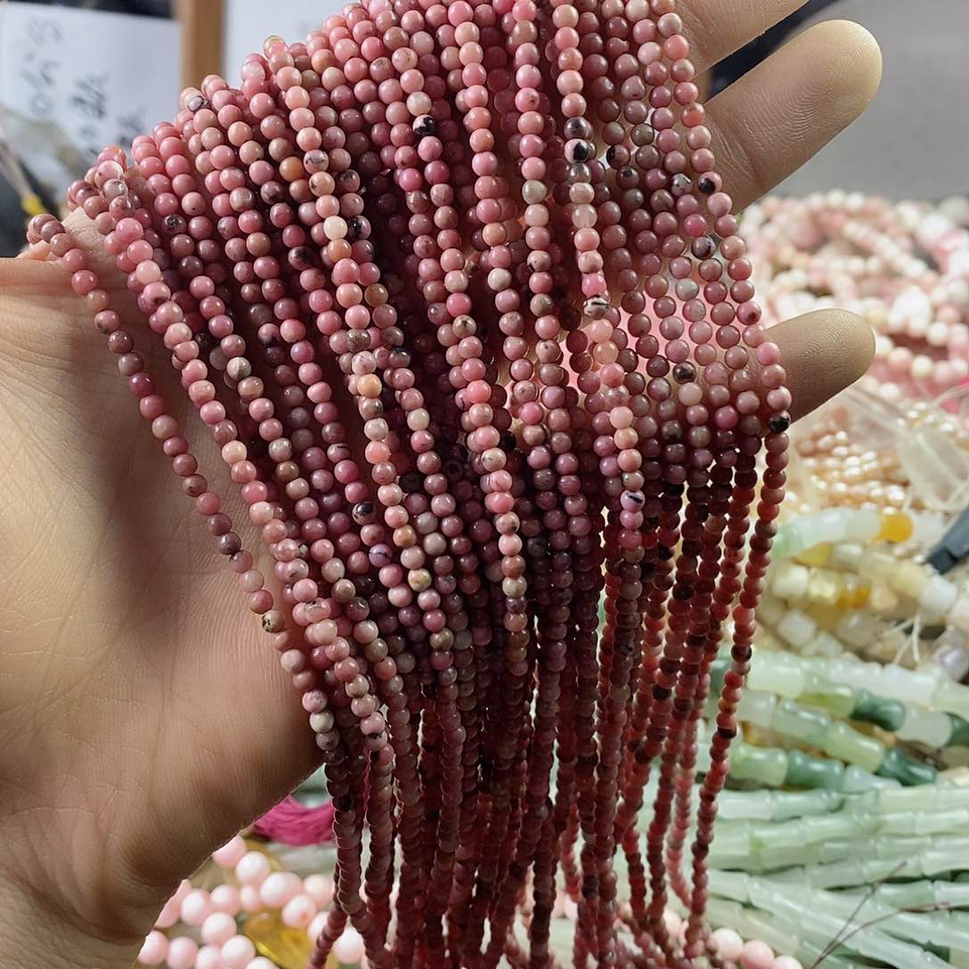 玛瑙/玉髓珠宝半成品合金一条天然3.3mm粉蔷薇石圆珠