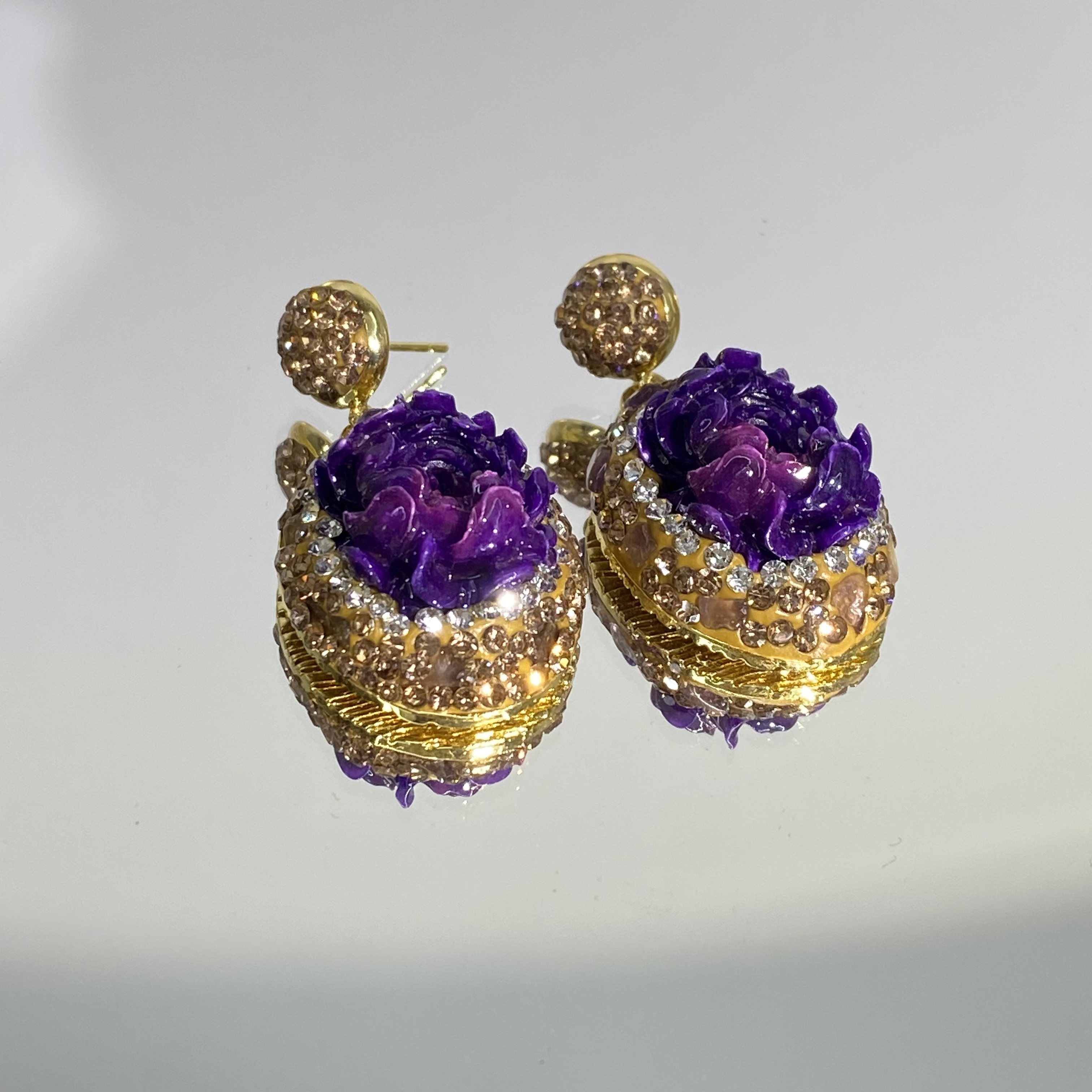 铜合金合成锆石耳饰 紫色牡丹花时尚气质经典百搭耳环 319