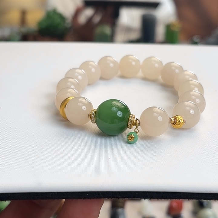 和田玉18K金镶嵌手链12mm冰藕粉设计款