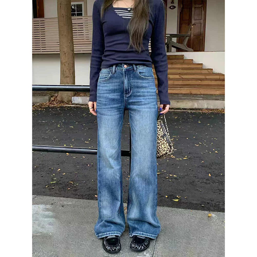 美式复古高腰水洗微喇牛仔裤女秋季修身显瘦弹力直筒喇叭马蹄裤子