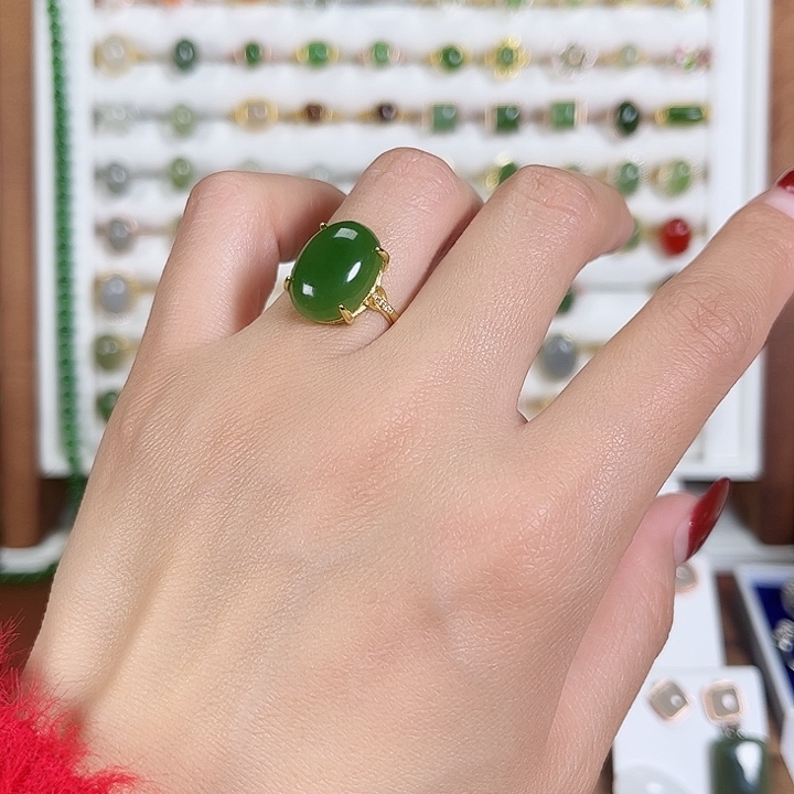 和田玉戒指银S925镀金镶嵌