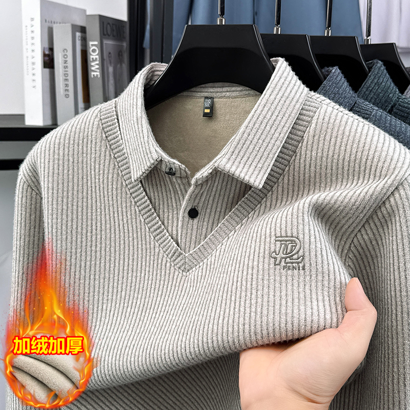 【加绒加厚】冬季新款男士雪貂假两件毛衣翻领套头时尚休闲针织衫