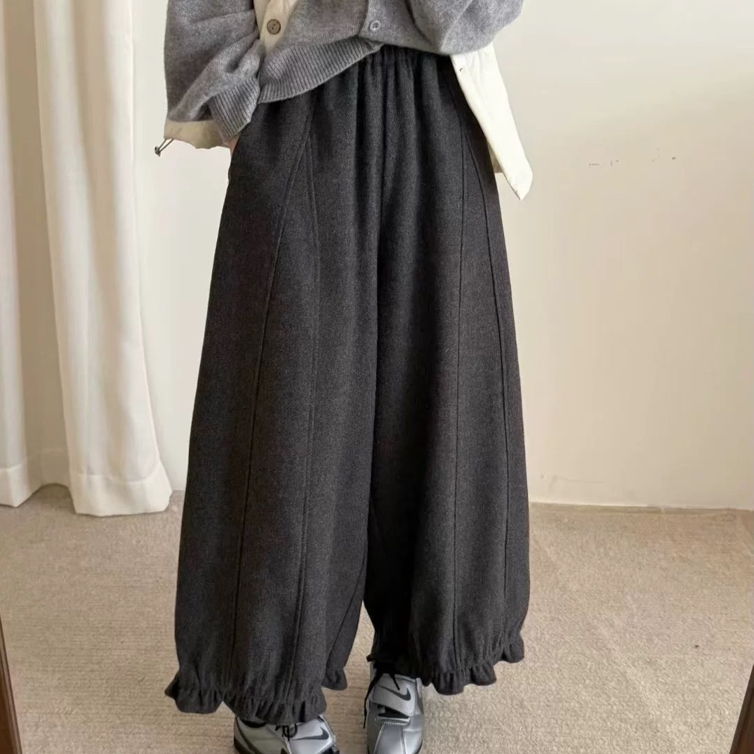 【加绒加厚】羊毛毛呢裤花苞裤休闲韩系宽松百搭松紧腰花边裤