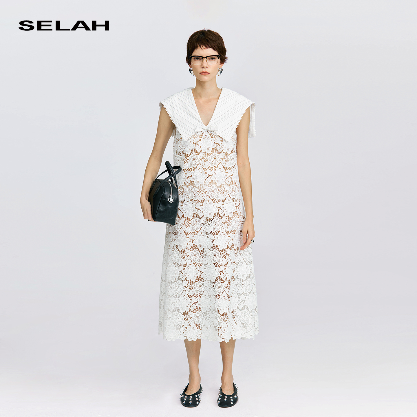 SELAH 海军领蕾丝轻奢重磅无袖裙S5X219030