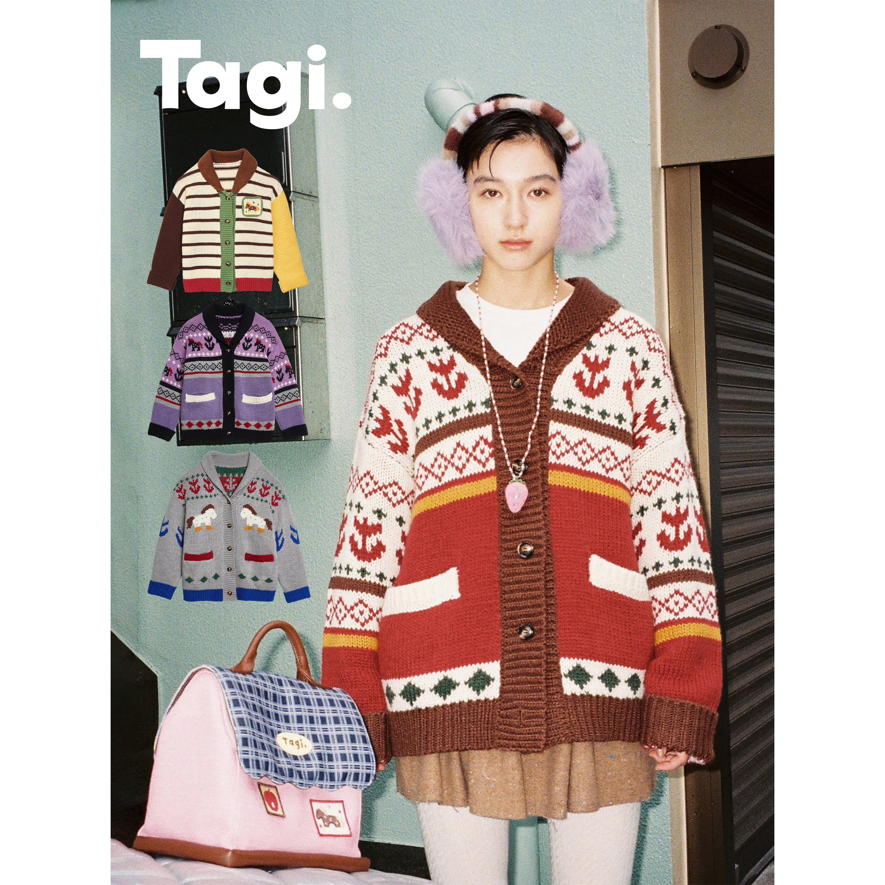 Tagi.《小马Magi》小马拼色彩色保暖复古粗针毛衣外套