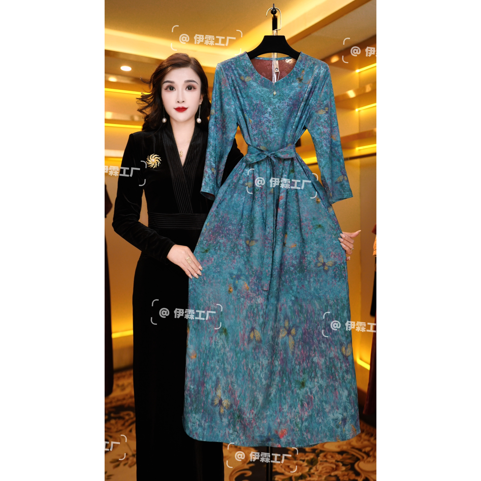 【运费补贴】1475-1蓝色蝴蝶国风传承气质显瘦连衣裙专柜款