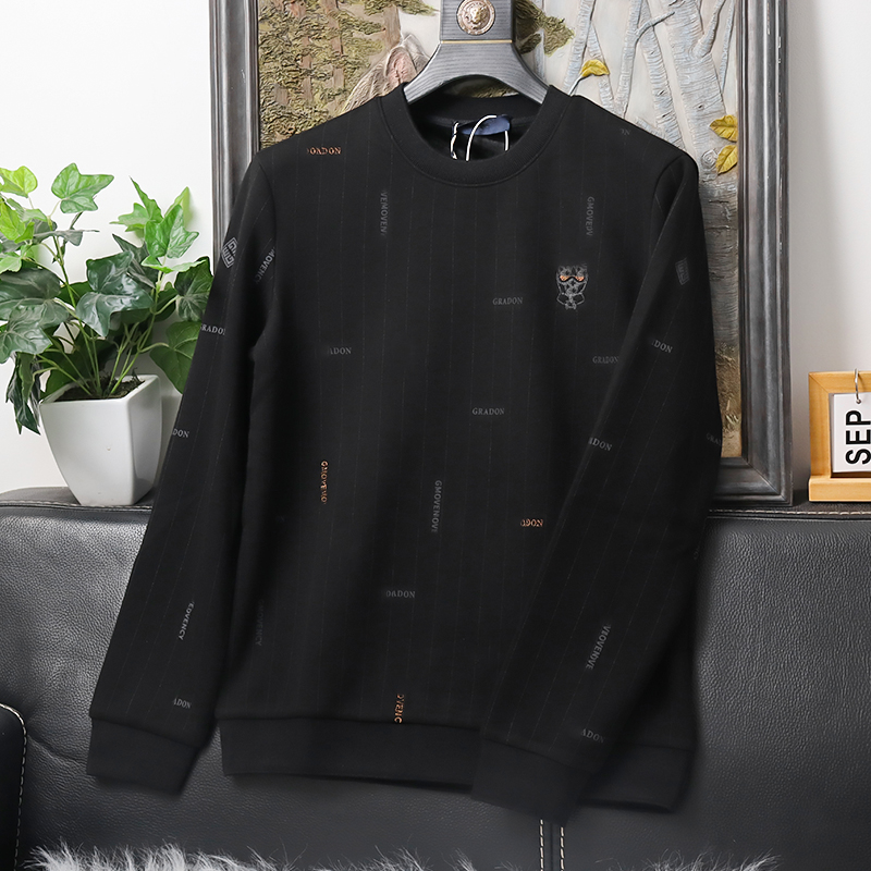 新款超值男装尾货 青年秋冬季加绒加厚舒适保暖黑色弹力圆领卫衣