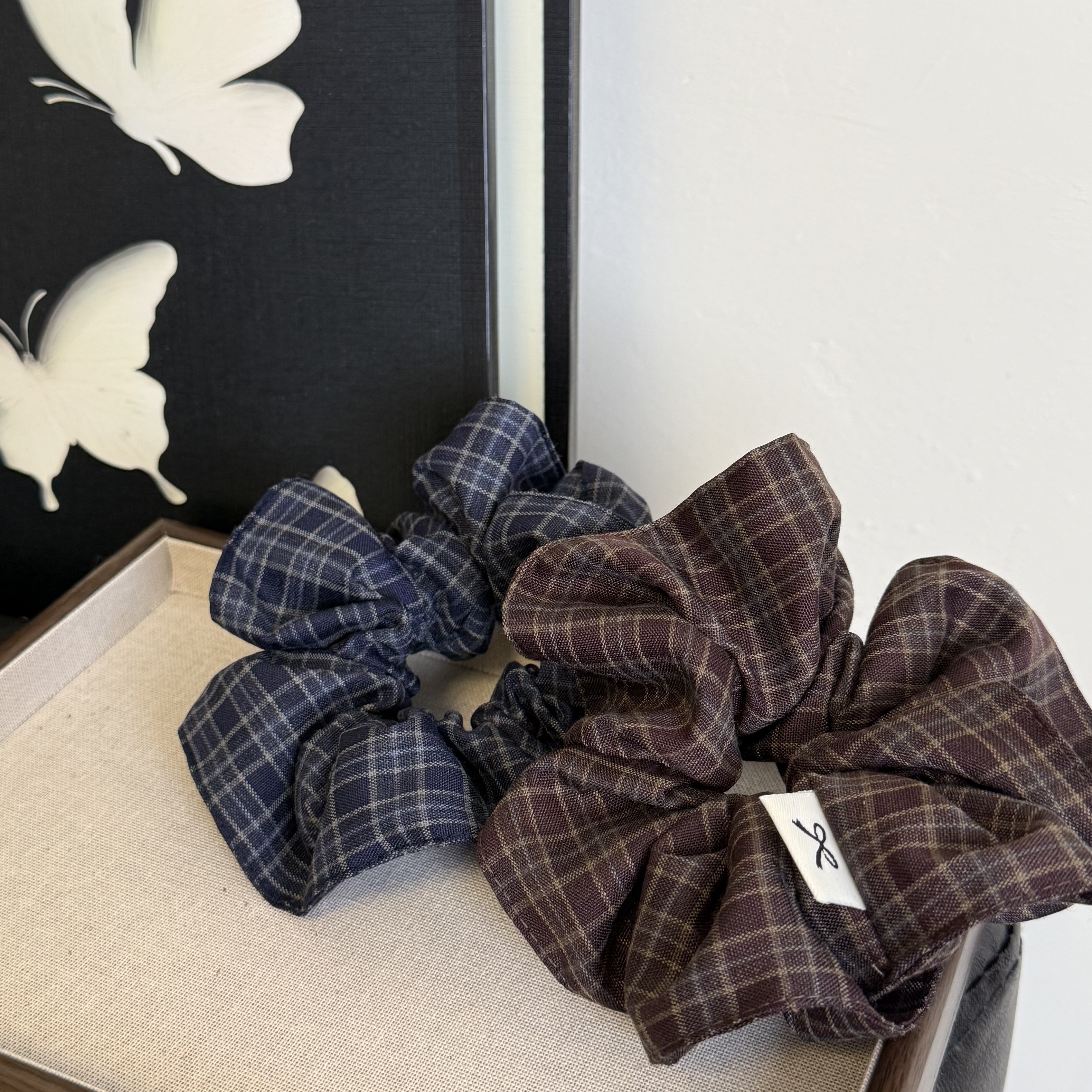 高级感格纹布艺大肠发圈女韩系低马尾丸子头通勤日常发饰发绳