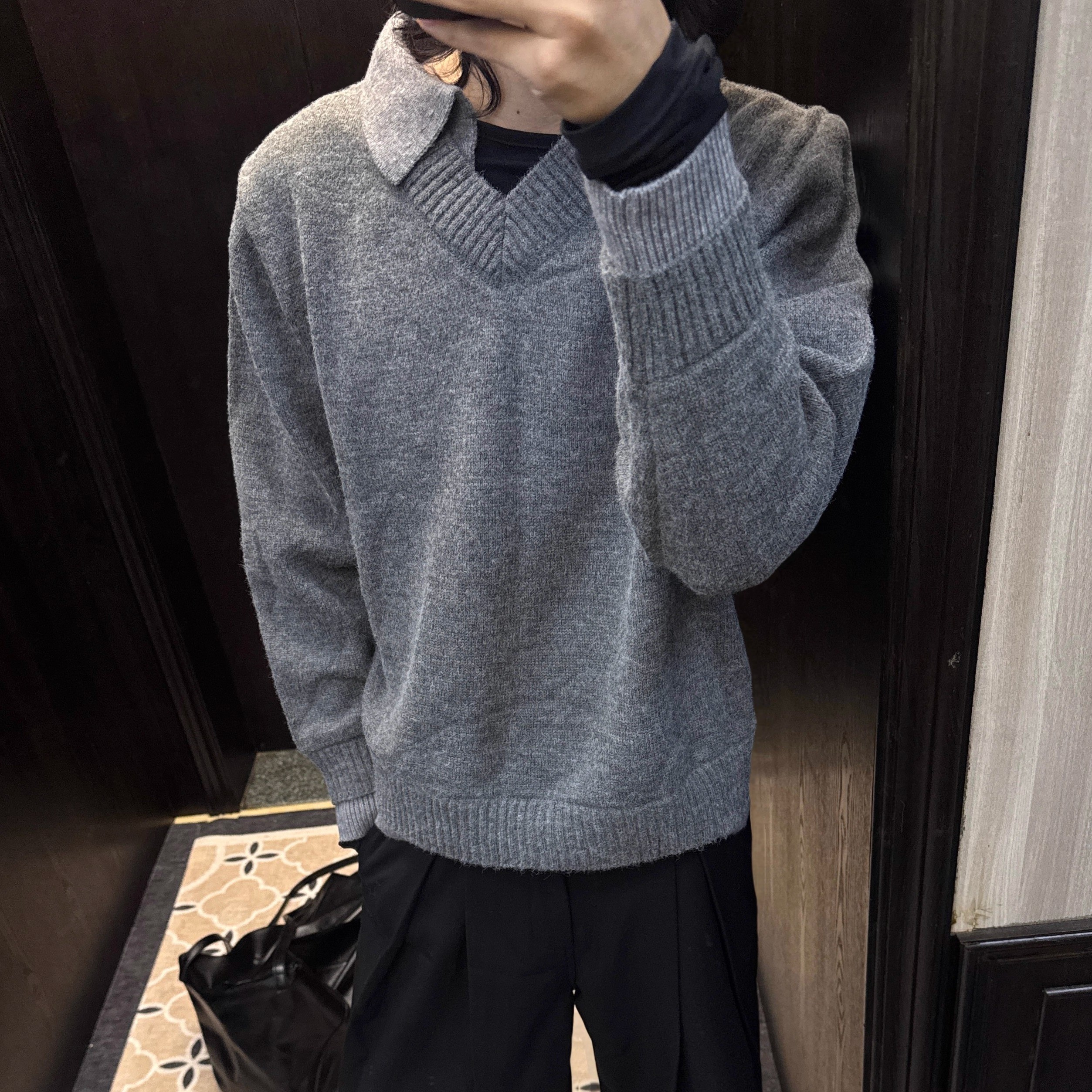 织庭NOIR 假两件V领仿羊绒polo氛围感老钱毛衣cleanfit针织衫