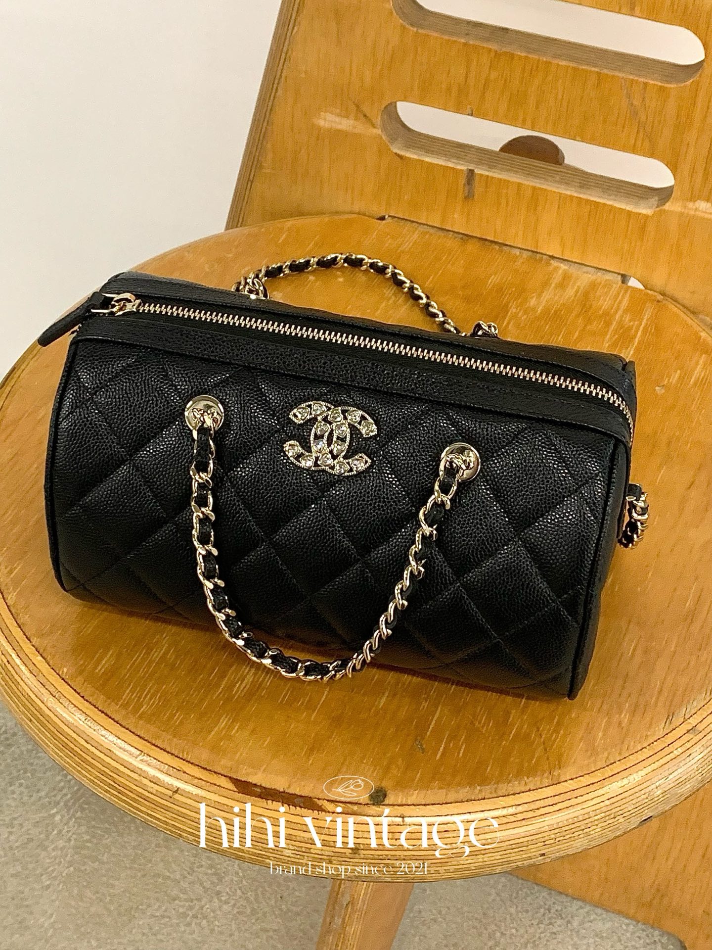 未使用 Chanel/香奈儿 25P黑金荔枝纹爱心双C镶钻单肩保龄球JL
