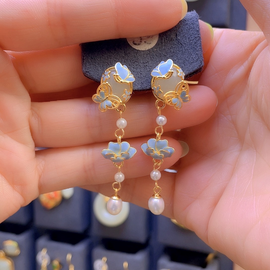 和田玉耳饰银S925镀金镶嵌