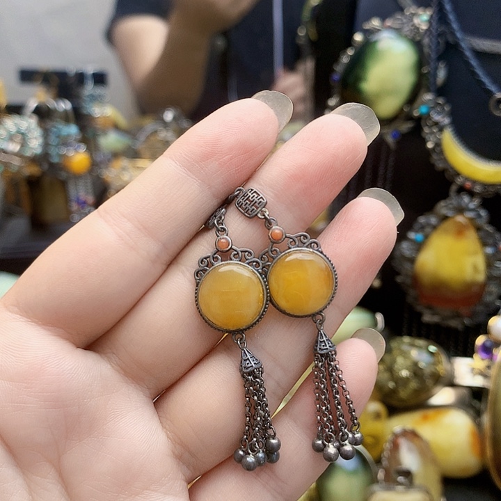 银S925镶嵌琥珀裸石耳坠