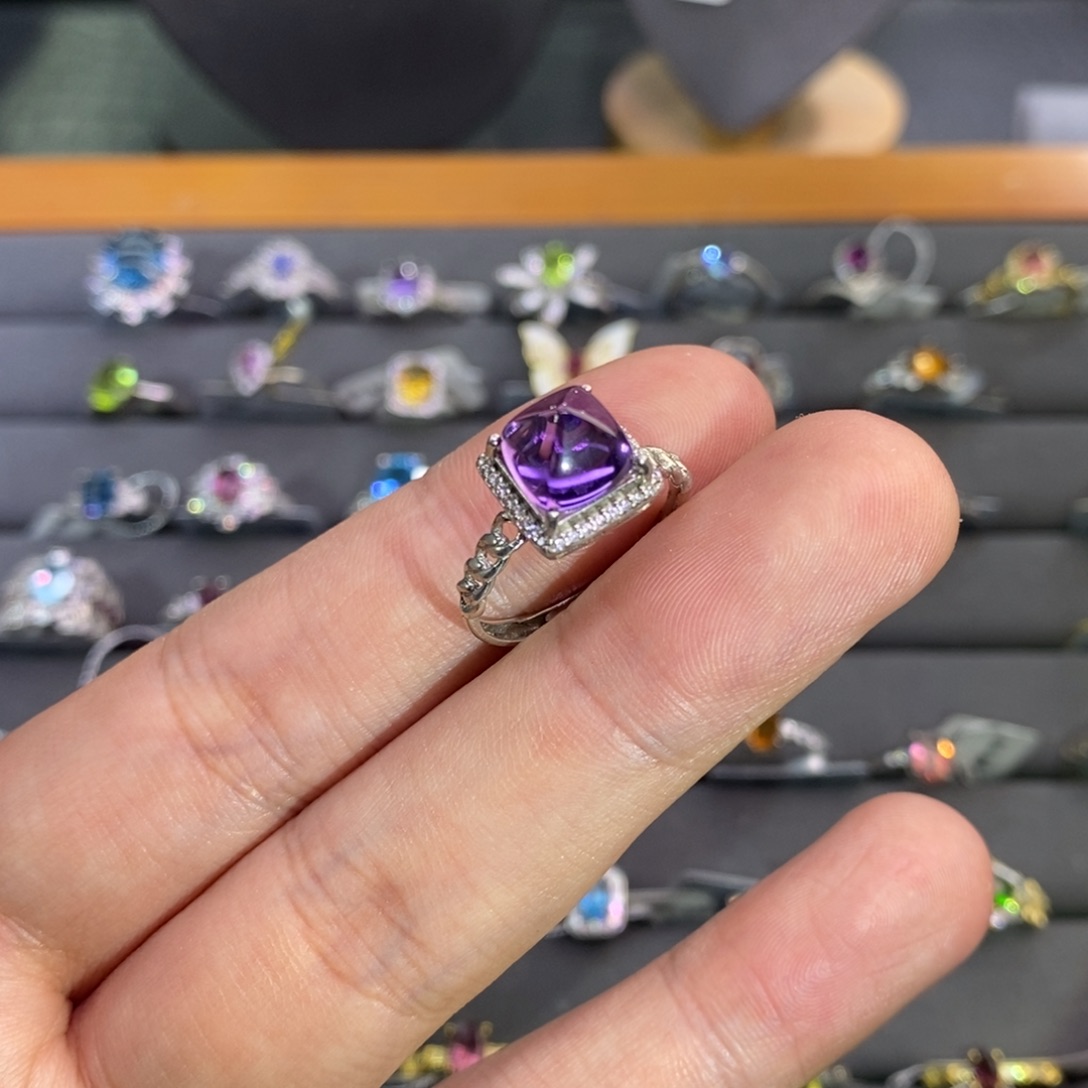 水晶戒指银S925镶嵌圈口可调节