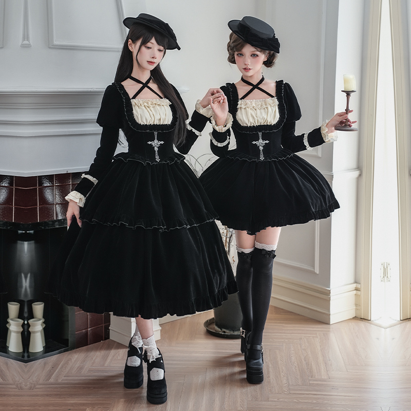 【默示录】withpuji原创设计 方领腰部鱼骨丝绒op双子秋冬lolita