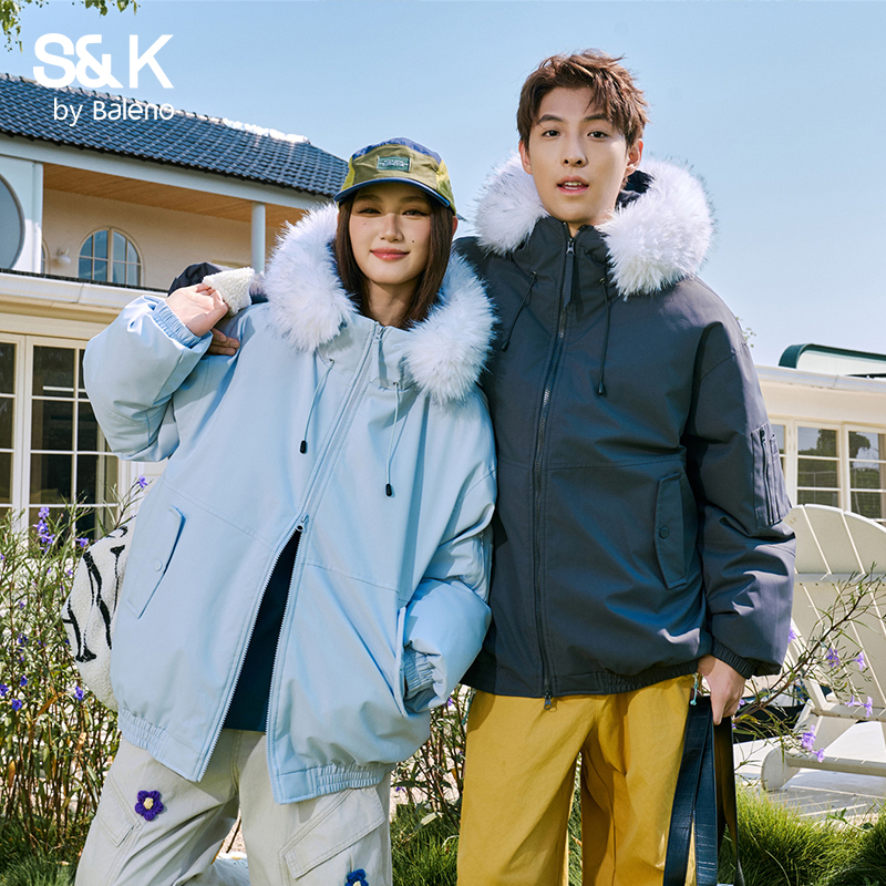 班尼路S&K秋冬季保暖上衣毛领棉服男女同款百搭休闲宽松外套棉衣
