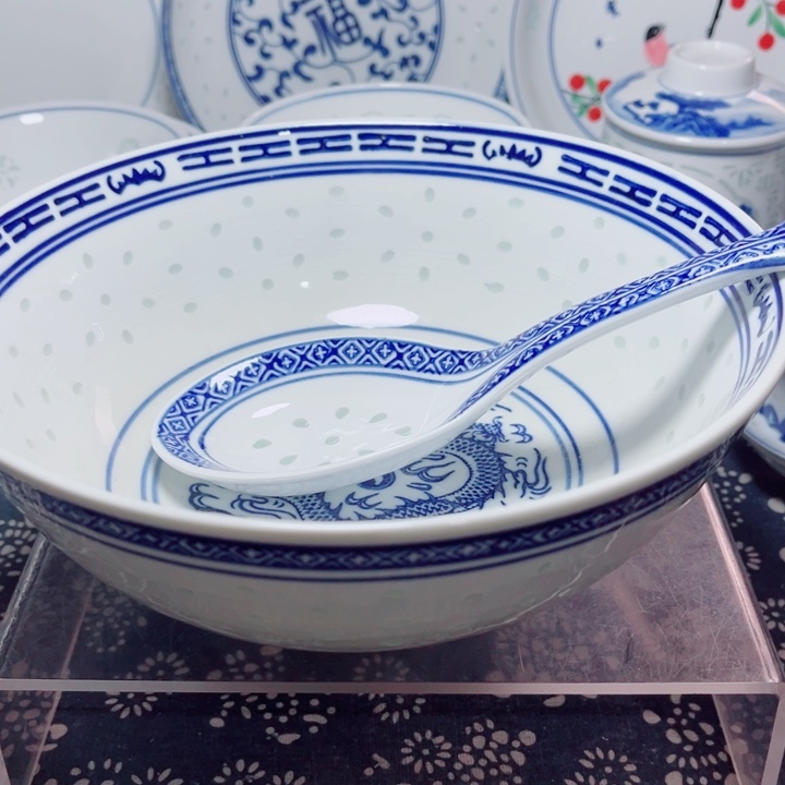 青花玲珑9寸汤碗龙纹带勺子