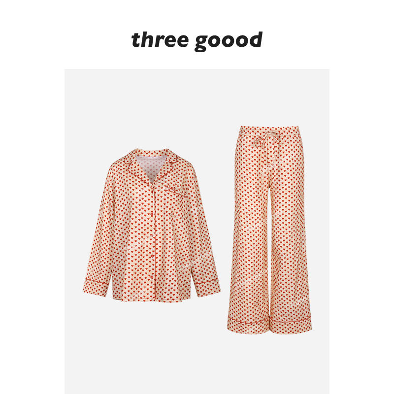 THREE GOOOD/三吉海岛薄绒软萌少女居家感爱心睡衣套装Y725A19431