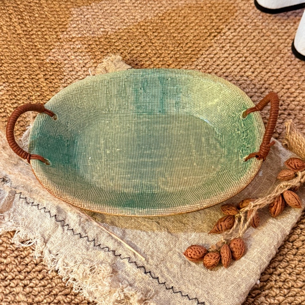 布纹双耳麻绳盘9英寸手作中古风釉下彩鱼盘