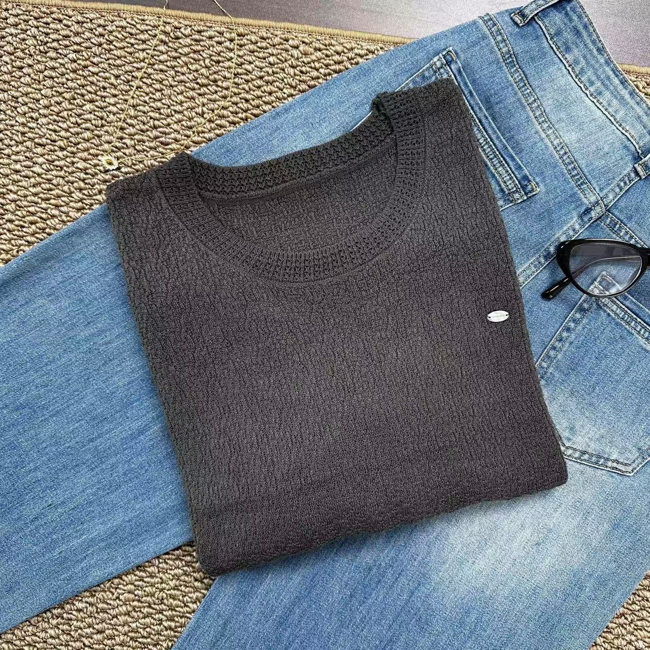 肌理感小银片~气质正肩T卷边长袖 日常通勤针织衫T056灰