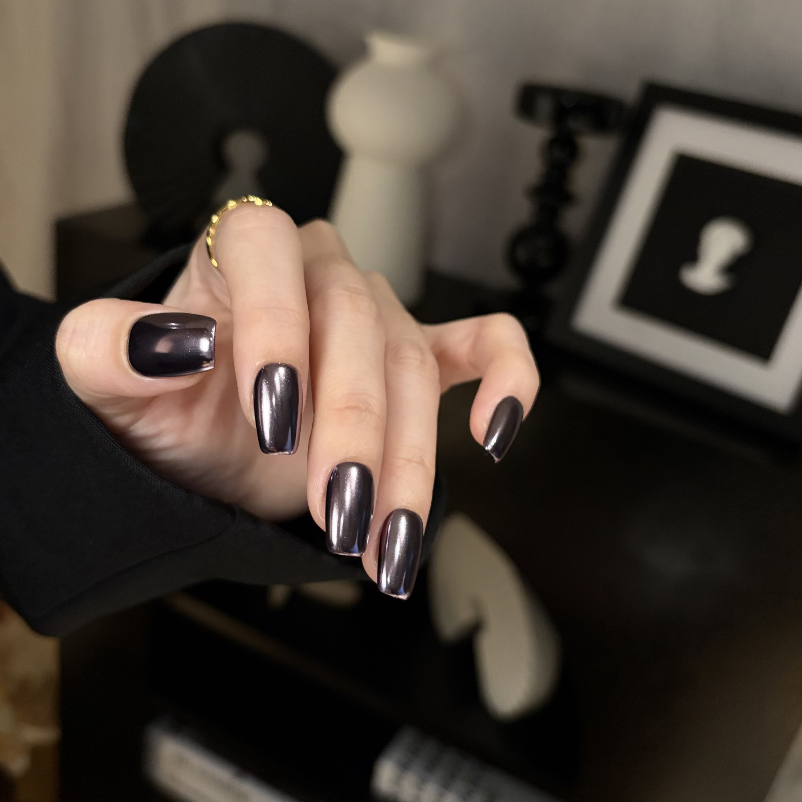 【韵沉】全手工穿戴甲-黑紫色魔镜粉高级显白美甲贴片