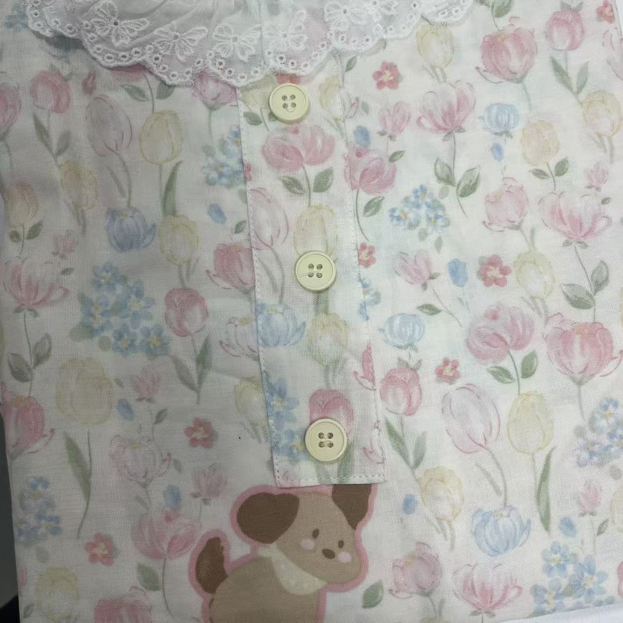 【绒兰】全棉双层纱 蕾丝圆领 睡裙 87号 郁金香小狗