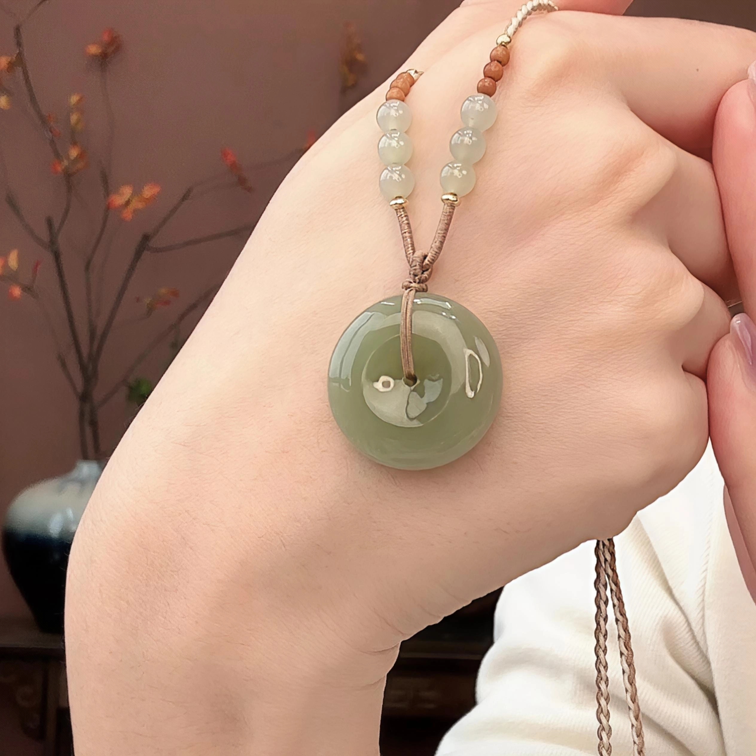 和田玉卡25mm起冰胶平安扣+设计款珠宝绳多样性发一件