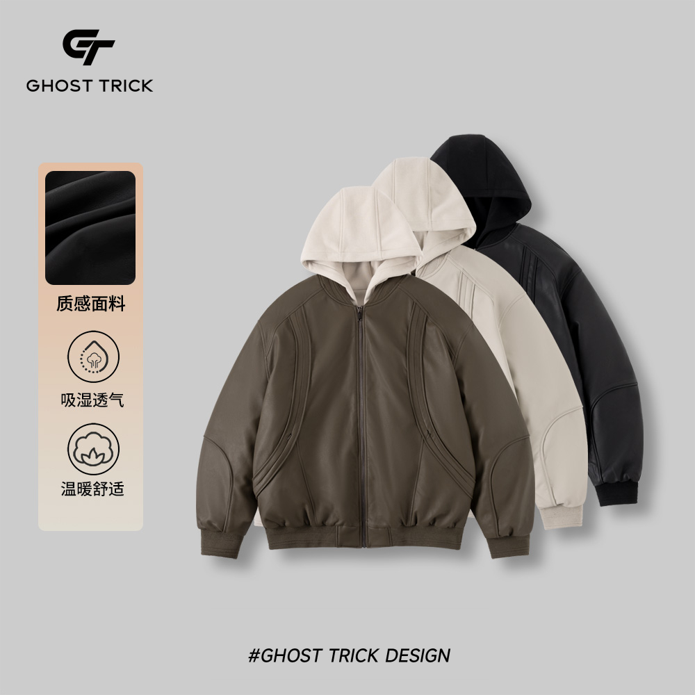 冬季90白鸭绒连帽可脱卸pu皮羽绒服3558