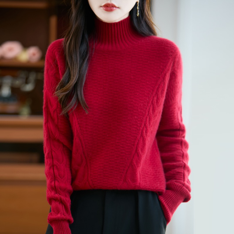 【新年款 重磅加厚】清仓100羊绒衫七针加厚半高领绞花针织打底衫