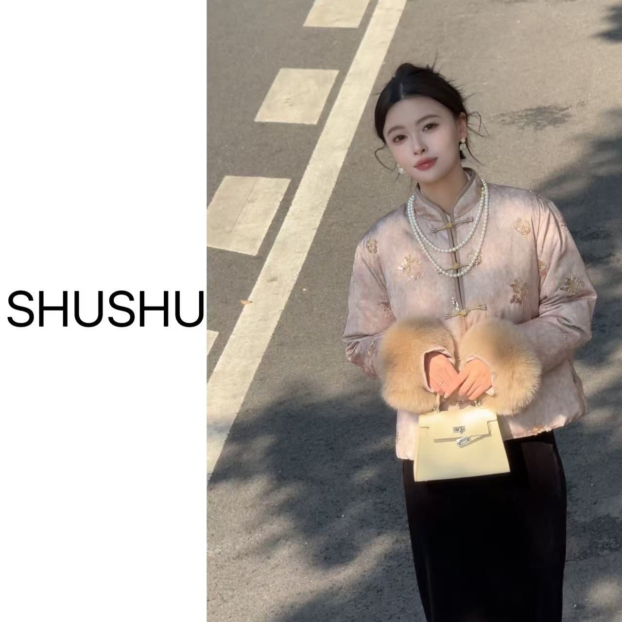 【梅涧】冬季新中式时尚气质珠管刺绣保暖狐狸毛白鹅绒鹅绒服