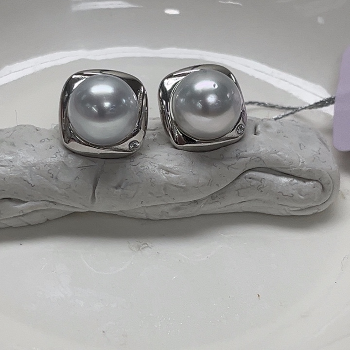 银S925镶嵌耳饰海水珍珠澳白 9-10mm 78号