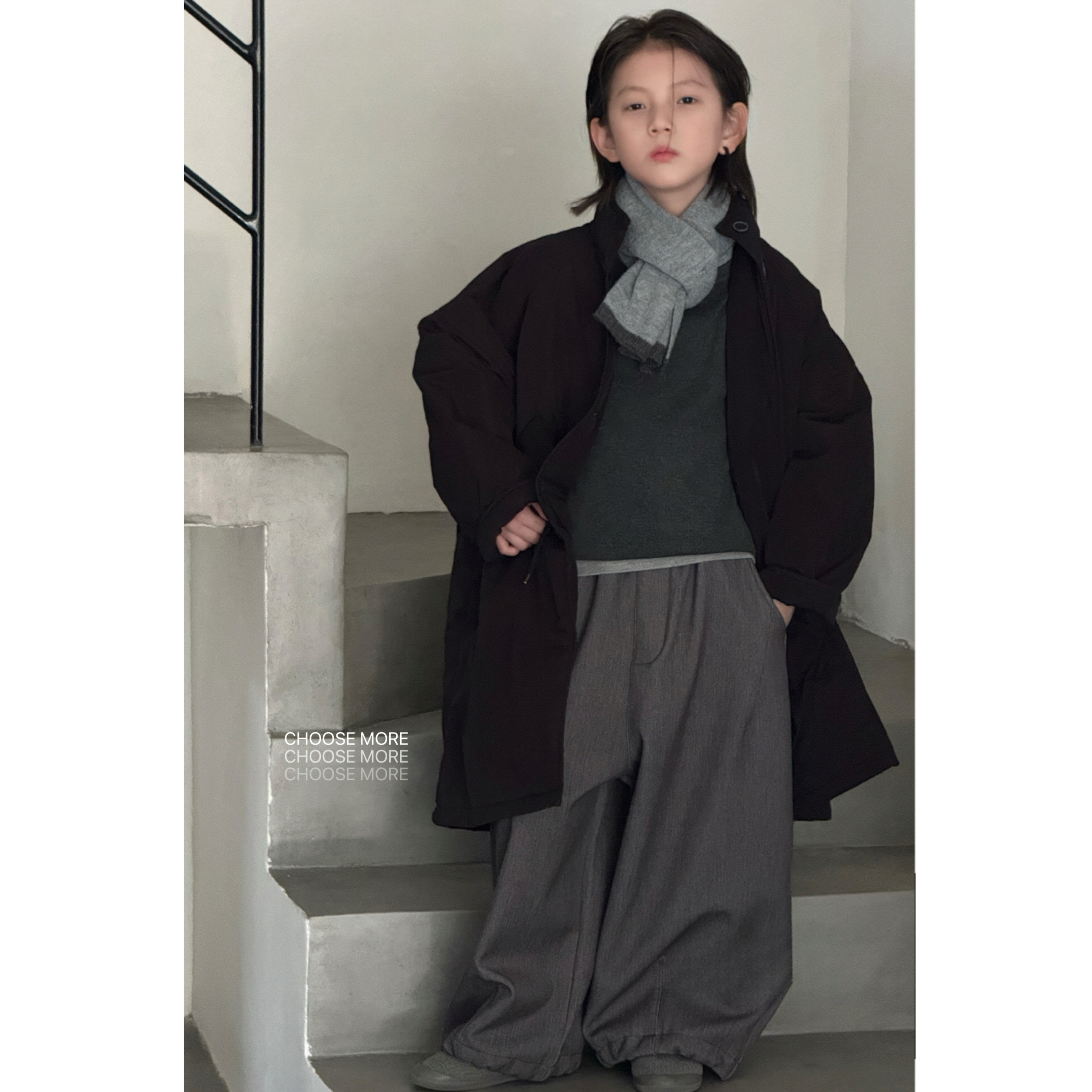 【冬品】CHOOSEMORE“黑灰调调”港风廓形中长款棉服拼色针织衫牛仔裤
