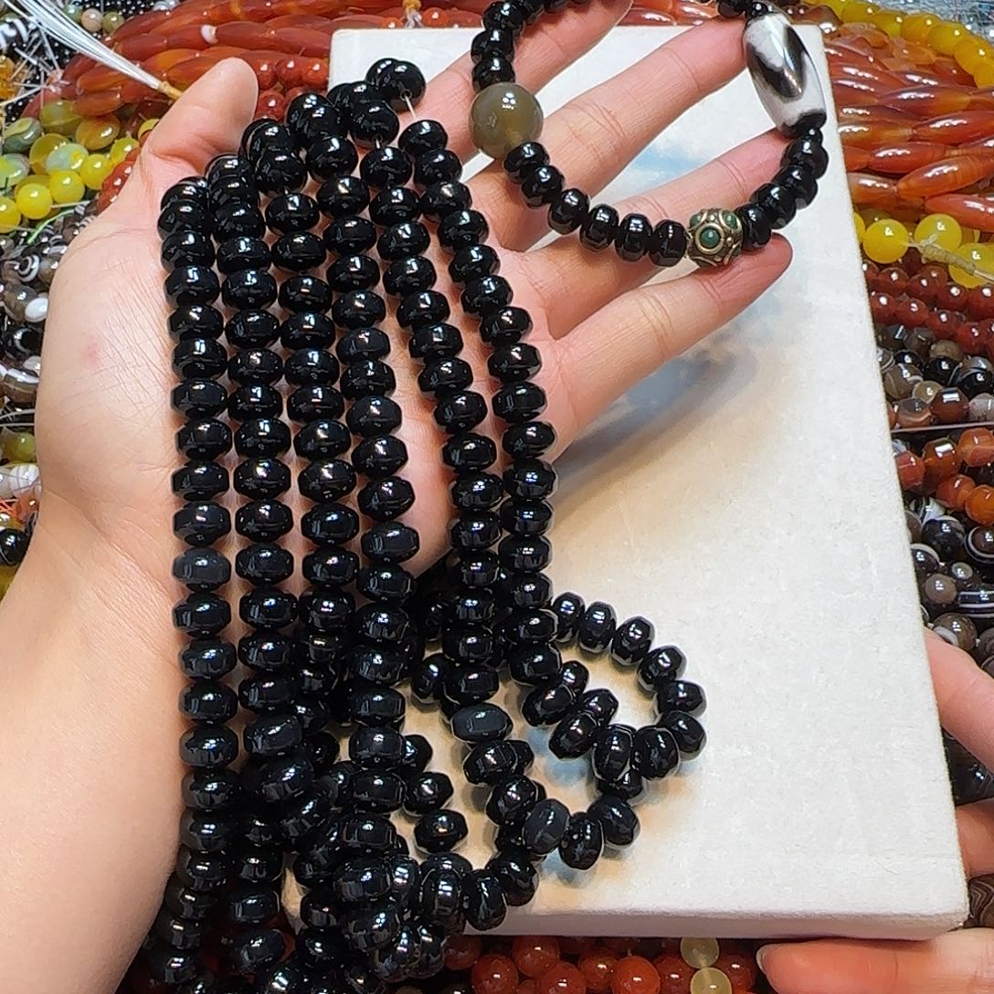 玛瑙/玉髓合金珠宝半成品10mm黑玛车轮一条