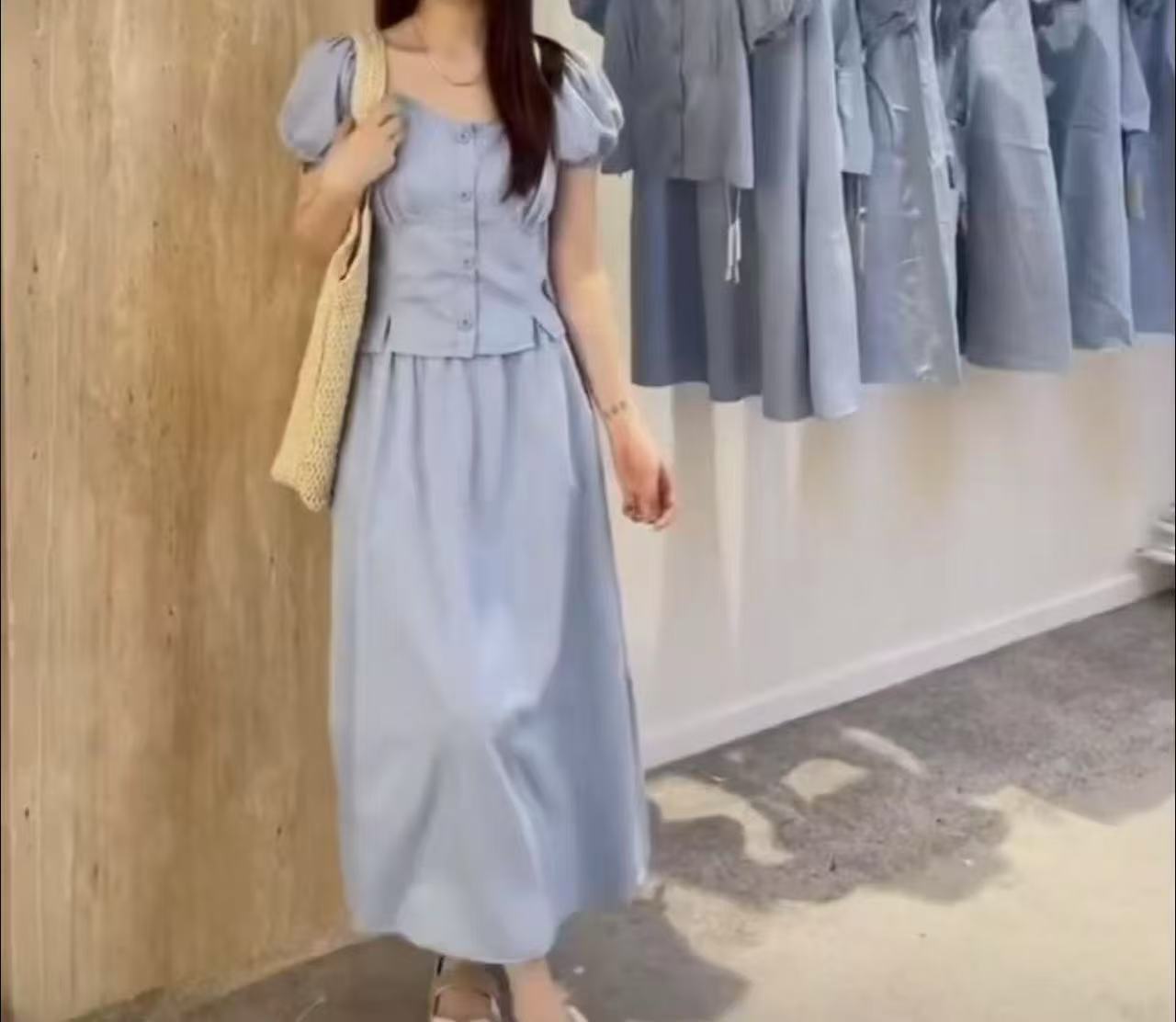 浅蓝色高级感休闲套装裙女2025夏新款