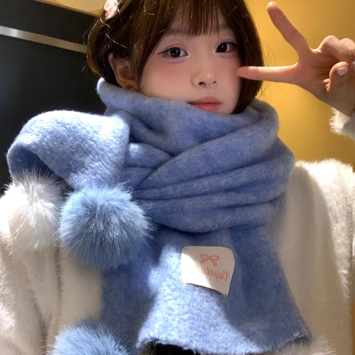 韩系氛围感软糯毛球蓝色围巾女秋冬加厚保暖防寒百搭针织围脖学生