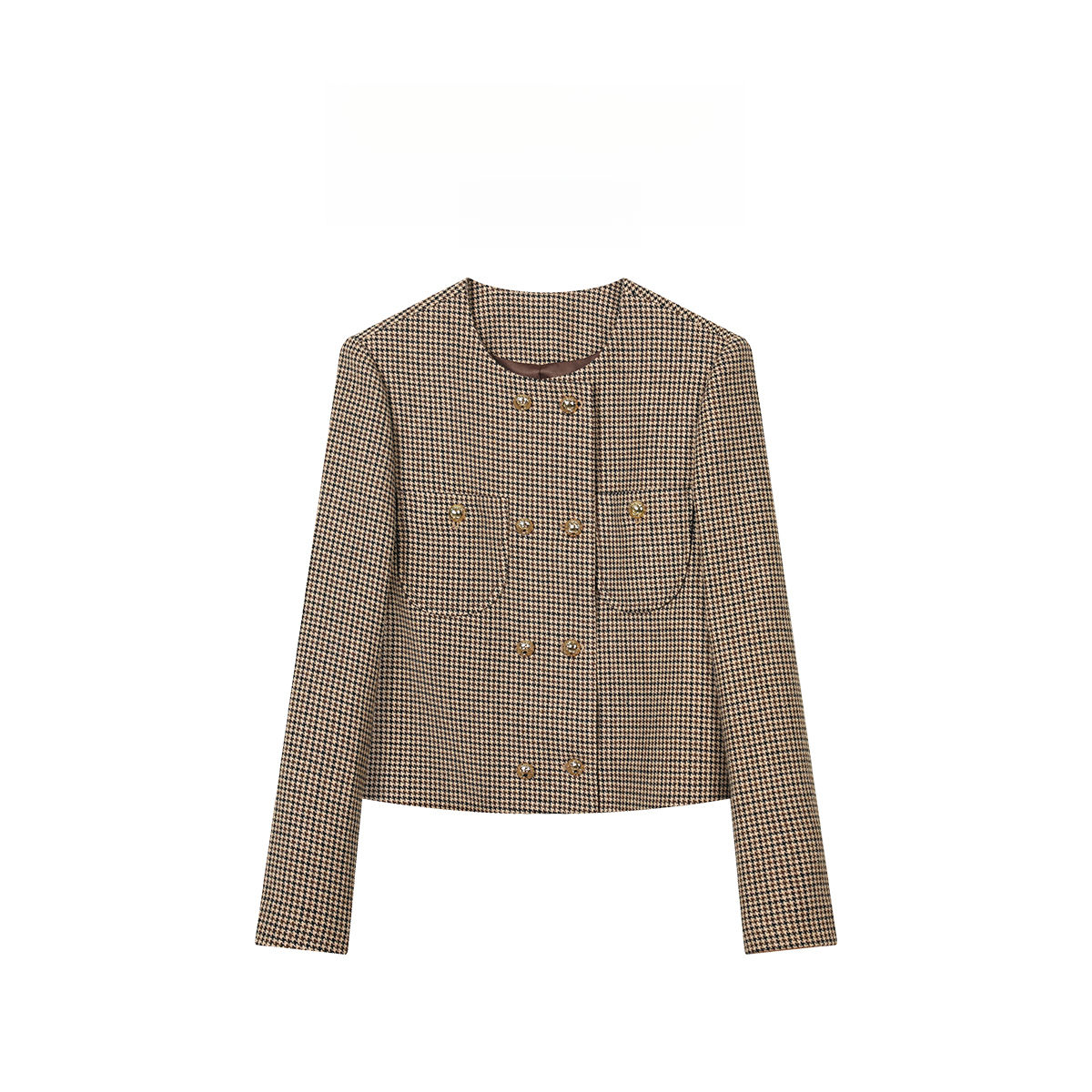 格子小香风圆领通勤外套双排扣设计 288