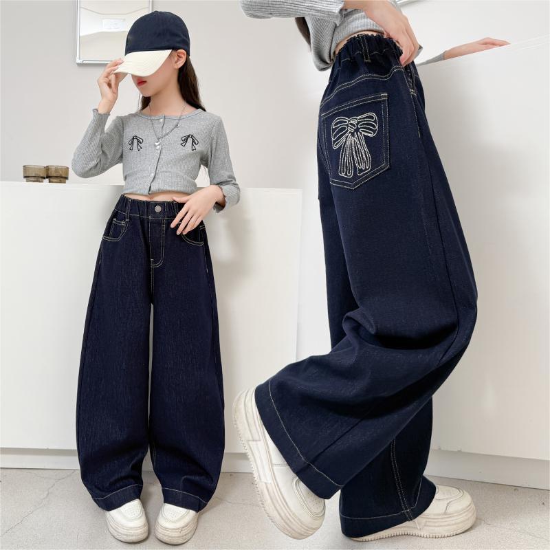 女童秋季牛仔裤口袋绣蝴蝶结阔腿裤2025休闲潮范长裤春秋款中大童