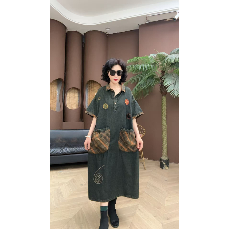 君姐服饰{099}夏季新款砂洗复古宽松衬衣领牛仔连衣裙