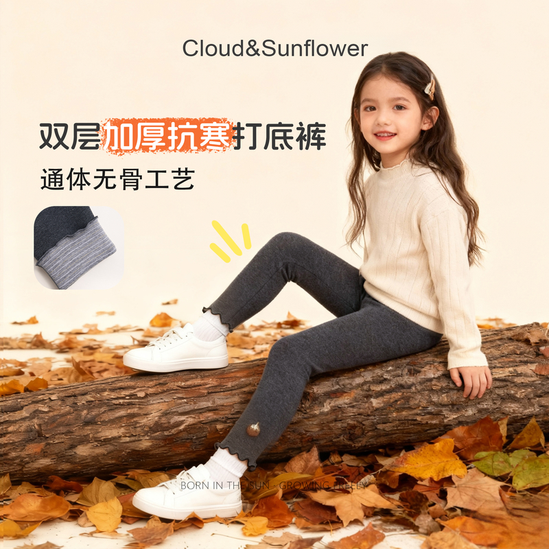 【云朵小葵】女童秋冬季新款洋气加厚裤脚松果小花休闲打底裤991925