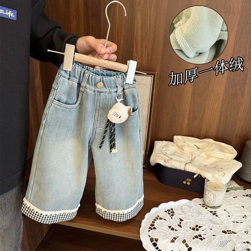 牛仔裤冬季加绒保暖高弹百搭复古直筒裤宝宝时髦阔腿裤子