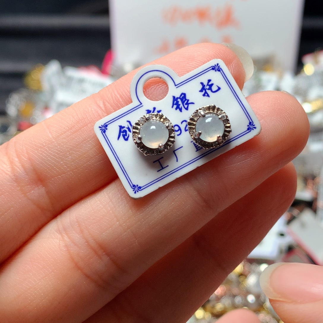 翡翠戒指银S925镶嵌天然翡翠耳饰