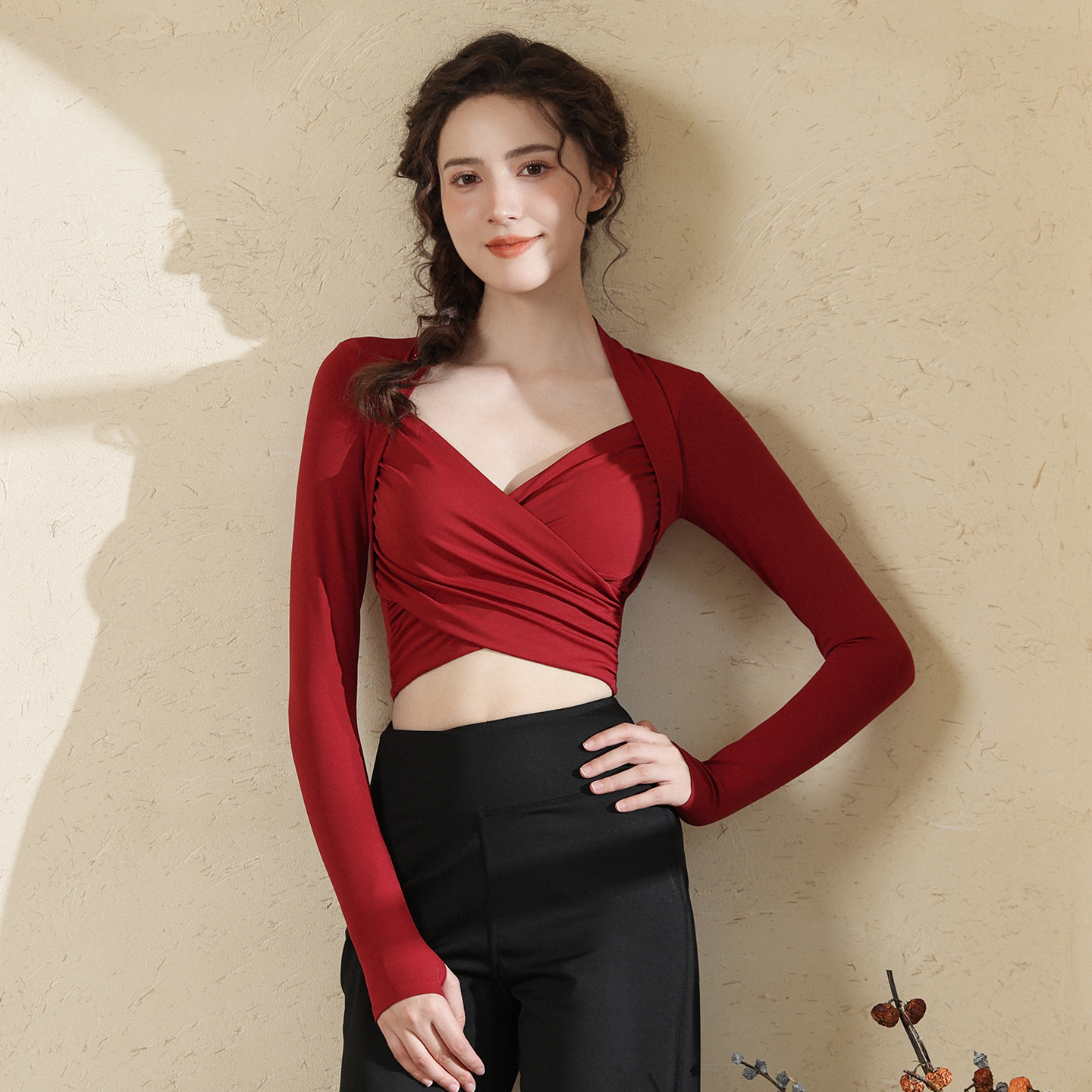 【带胸垫】瑜伽服上衣女V领长袖健身服气质专业训练普拉提运动服