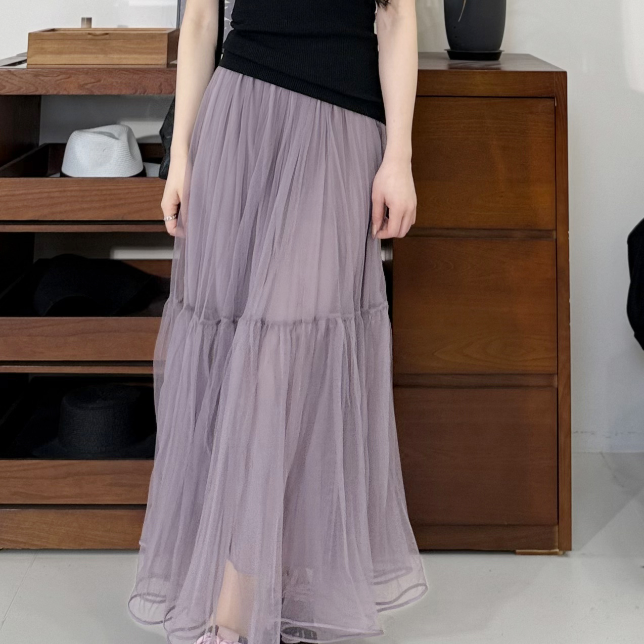 内衬100桑蚕丝03双绉｜时尚A字褶皱网纱高腰显瘦半身裙-MY4698