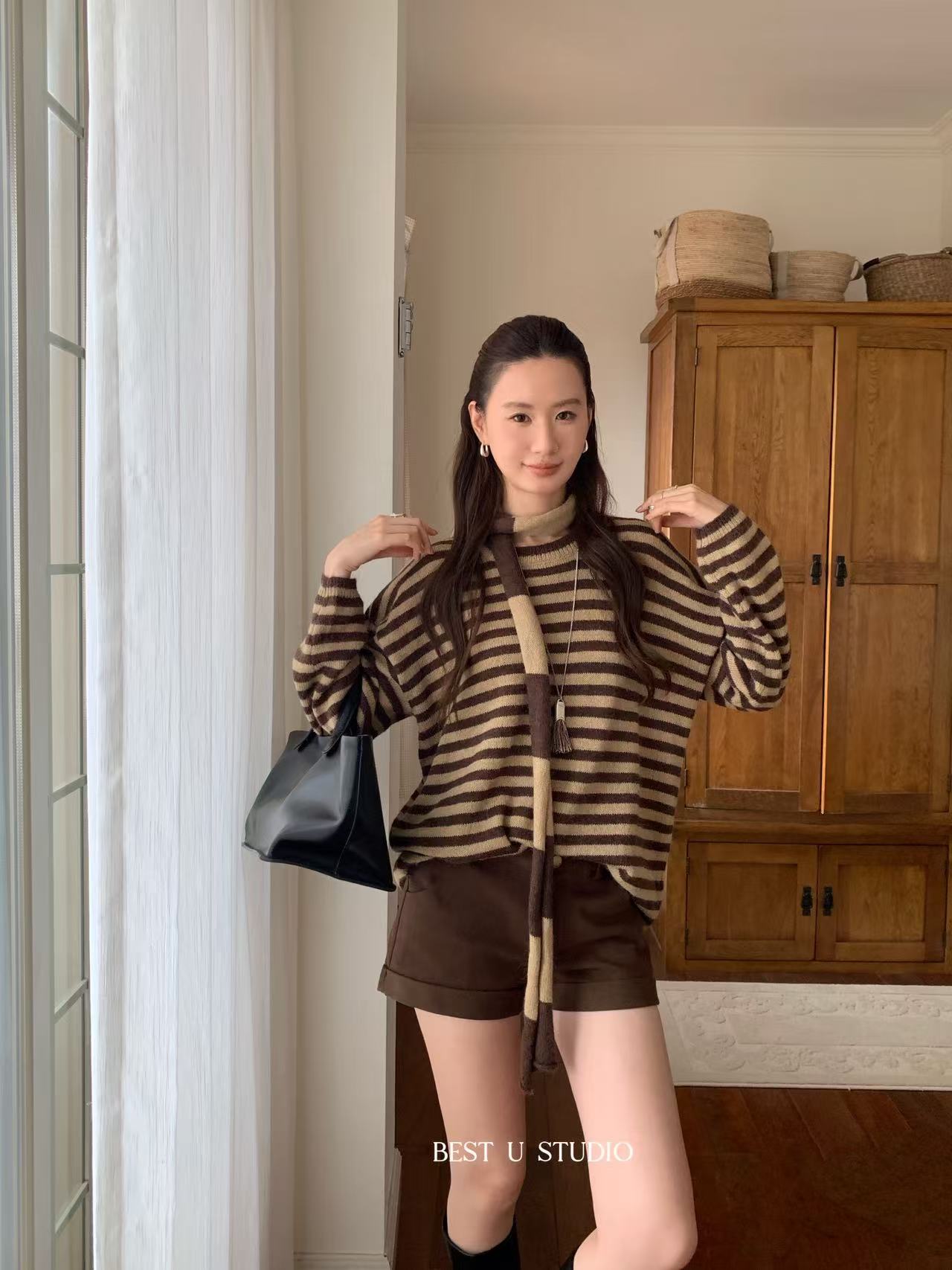 米古古 BEST U #62289-福 设计感撞色慵懒松弛感毛衣上衣（衣长71）