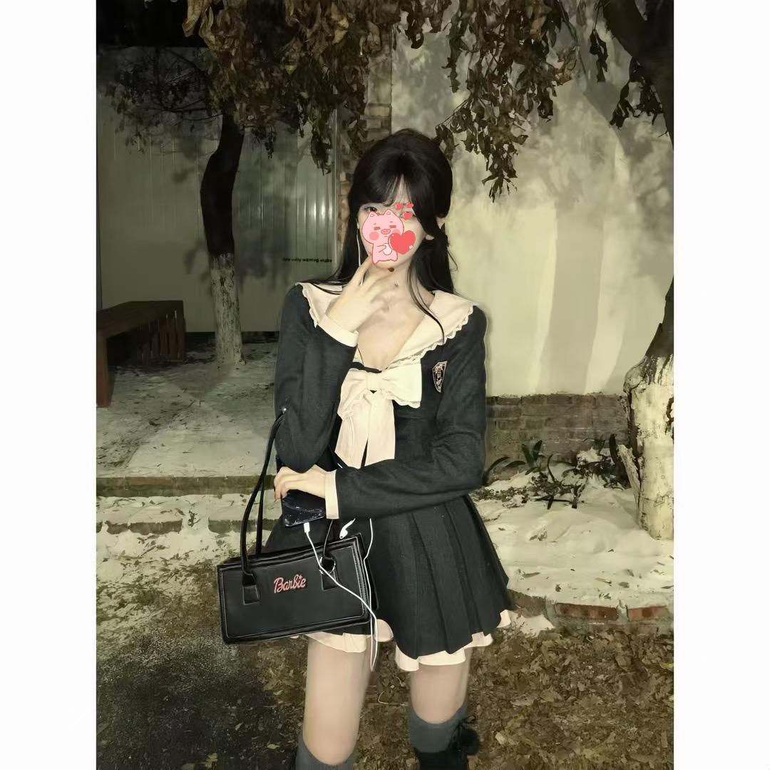首尔女高 学院风小众设计感海军领连衣裙