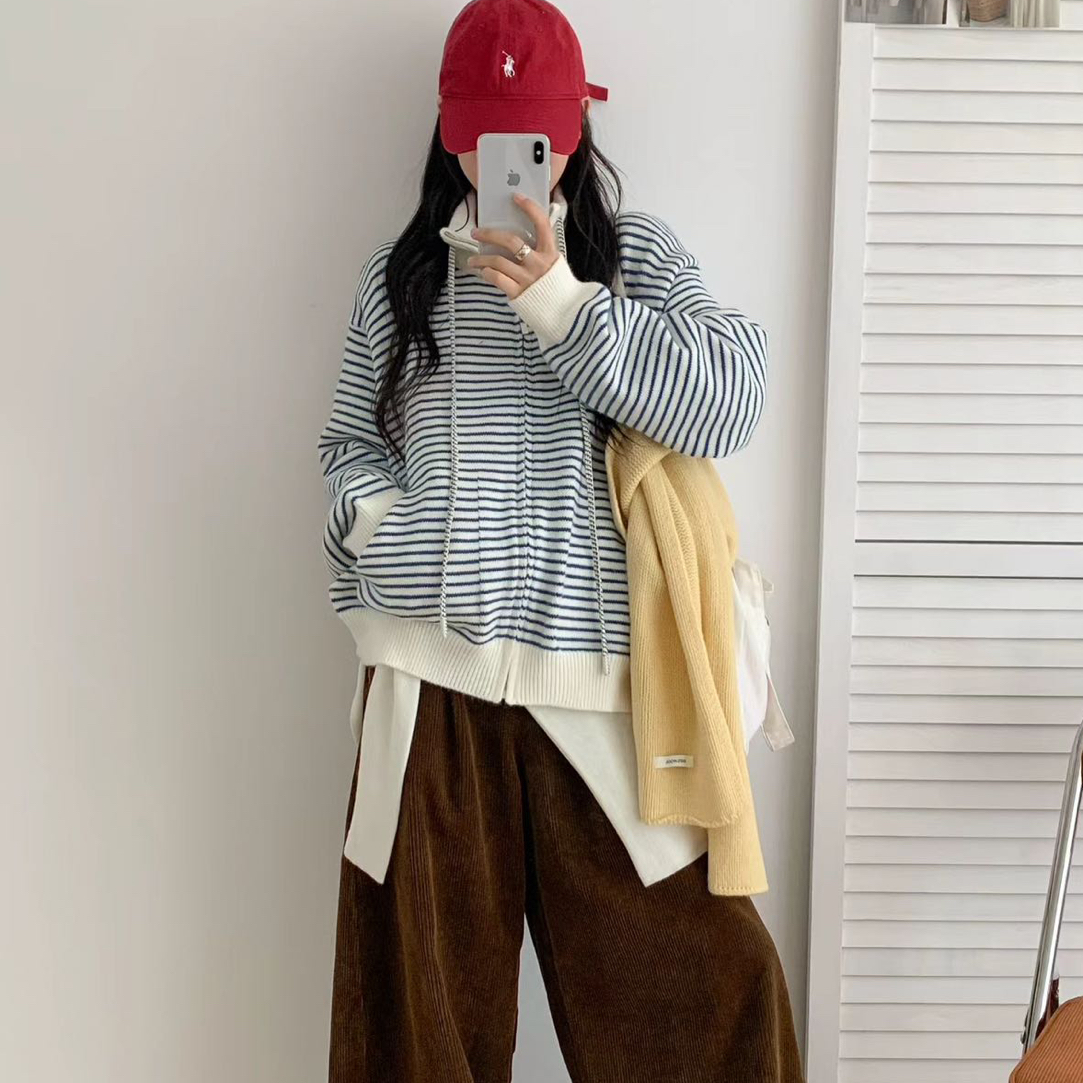 韩系秋冬条纹连帽针织开衫慵懒风宽松百搭毛衣外套9129