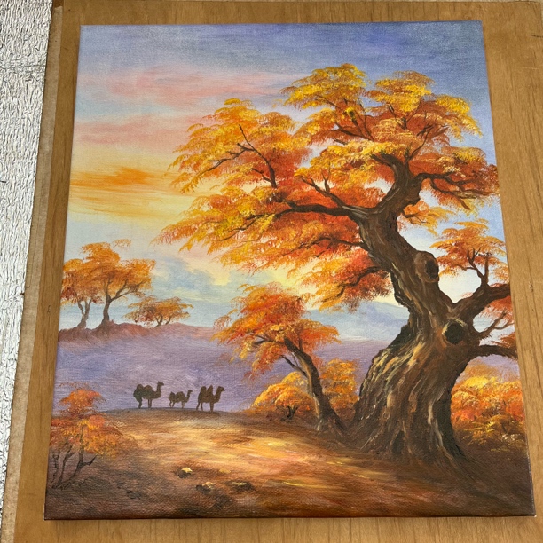 手绘油画金秋时节大漠胡杨