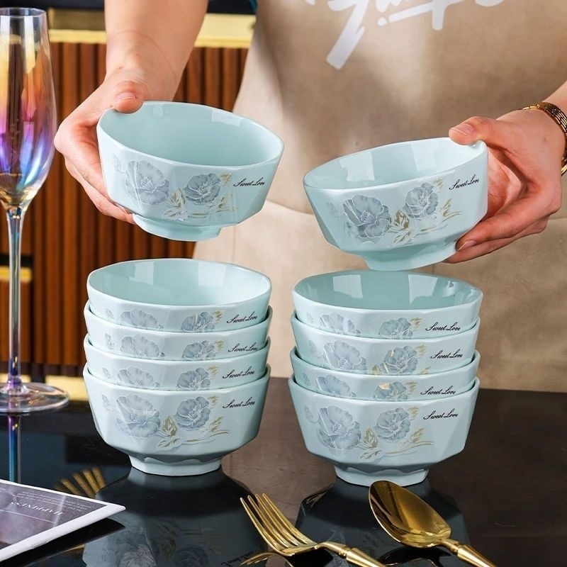 影青钻石家用5英寸甜蜜蜜饭碗10汤碗陶瓷陶瓷餐具加厚防烫4.6英寸